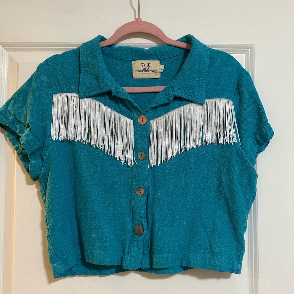 Teal Fashion Brand Company Linen Fringe Blouse